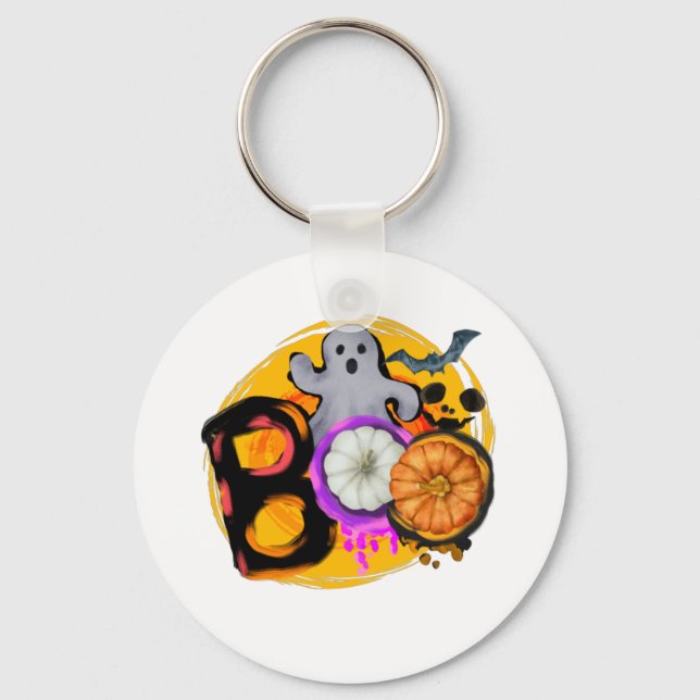 Boo – Spooky Ghost - Bats and Pumpkins Halloween Key Ring (Front)