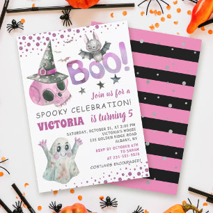 Boo Spooky Pink Skull Girl Halloween Birthday Invitation