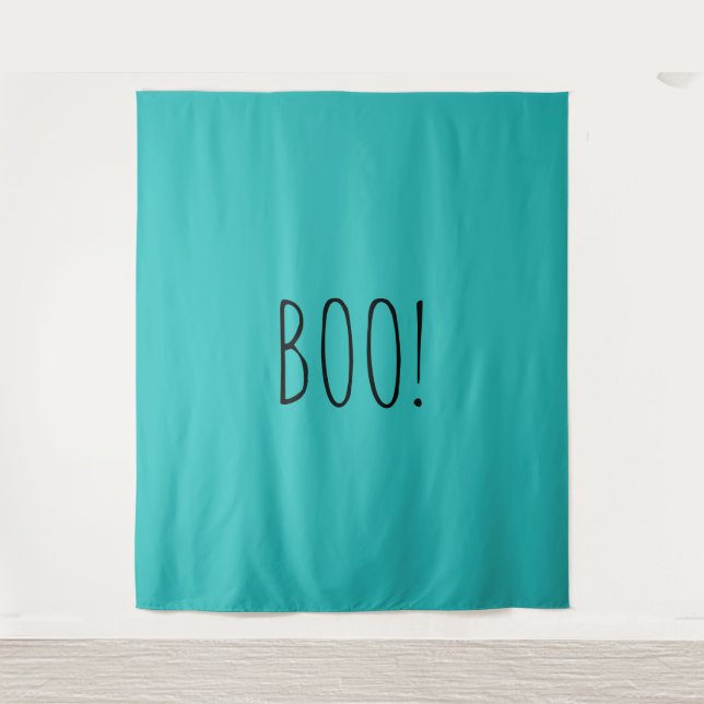 Boo teal spooky minimalist Halloween backdrop Tapestry (Front)
