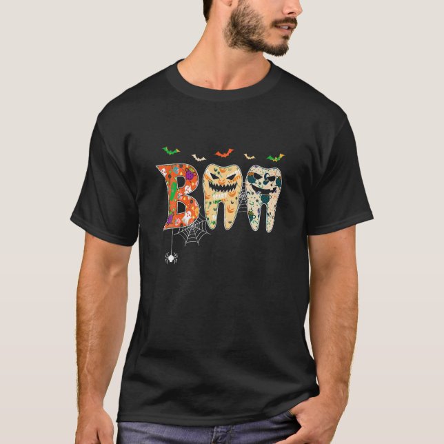 Boo Teeth Pumpkin Dentist Dental Hygienist Hallowe T-Shirt (Front)