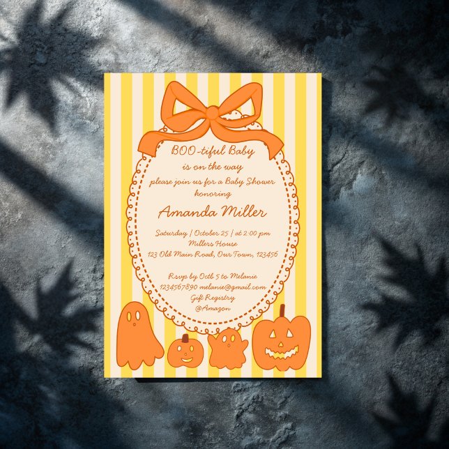 Boo-tiful cute ghost Halloween baby shower Invitation (Boo-tiful cute ghost retro yellow orange stripes Halloween baby shower Invitation cards template)