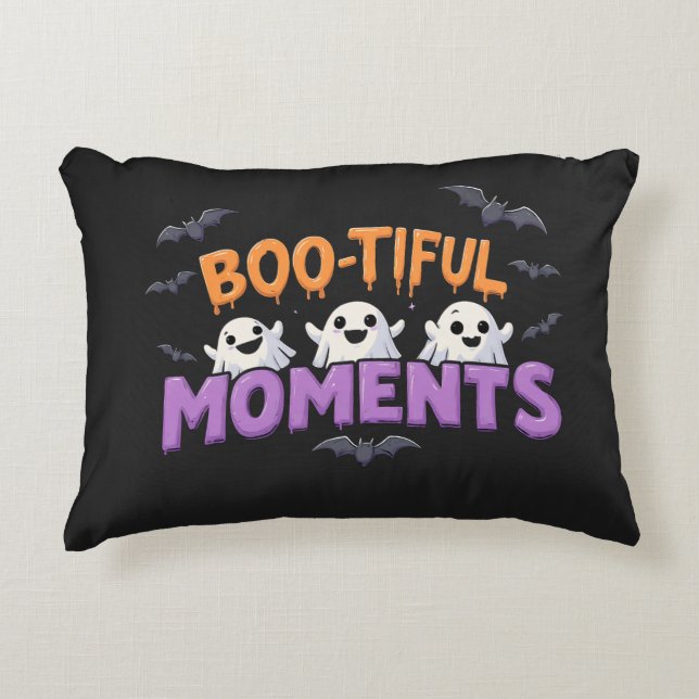 Boo-Tiful Moments Cute Halloween Ghosts and Bats Decorative Cushion (Front)