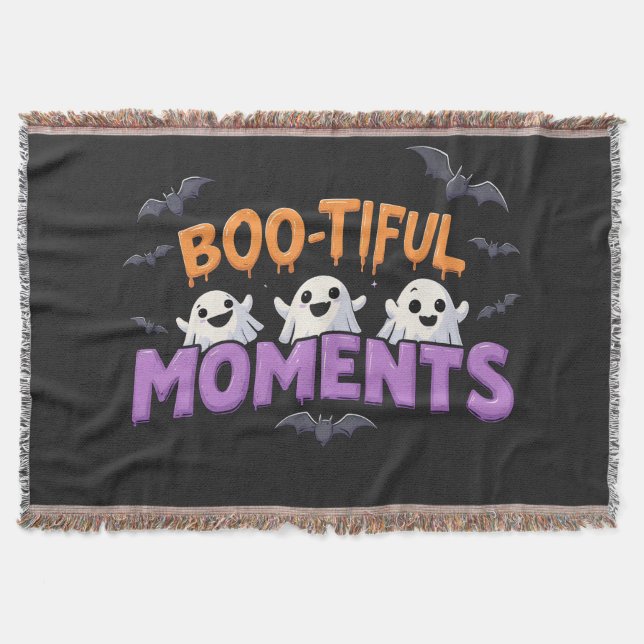 Boo-Tiful Moments Cute Halloween Ghosts and Bats Throw Blanket (Front)