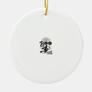 Boo-tiful Witch Halloween Vintage Engraving Design Ceramic Tree Decoration
