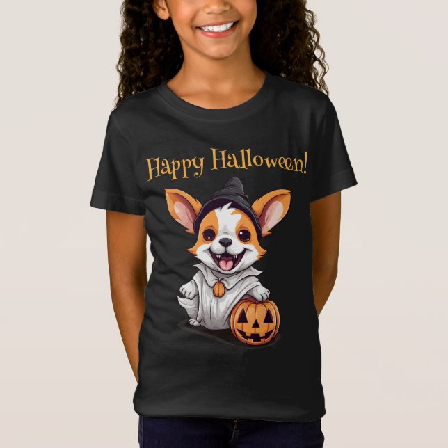 Boo-tifully Playful: Ghost Dog Halloween Pumpkin T-Shirt (Front)