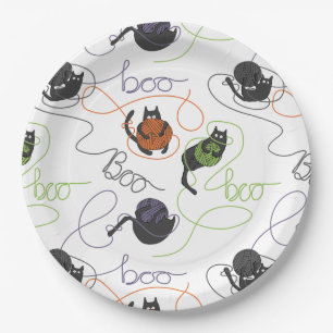 Boo-tifully Tangled Black Cats and Yarn Halloween Paper Plate