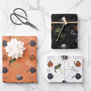 Boo-tifully Tangled Black Cats and Yarn Halloween Wrapping Paper Sheet