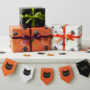 Boo-tifully Tangled Black Cats and Yarn Halloween Wrapping Paper Sheet