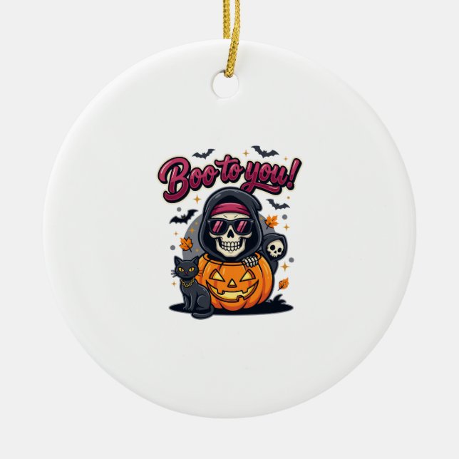 Boo to You Halloween Skeleton Pumpkin Ceramic Tree Decoration (Front)