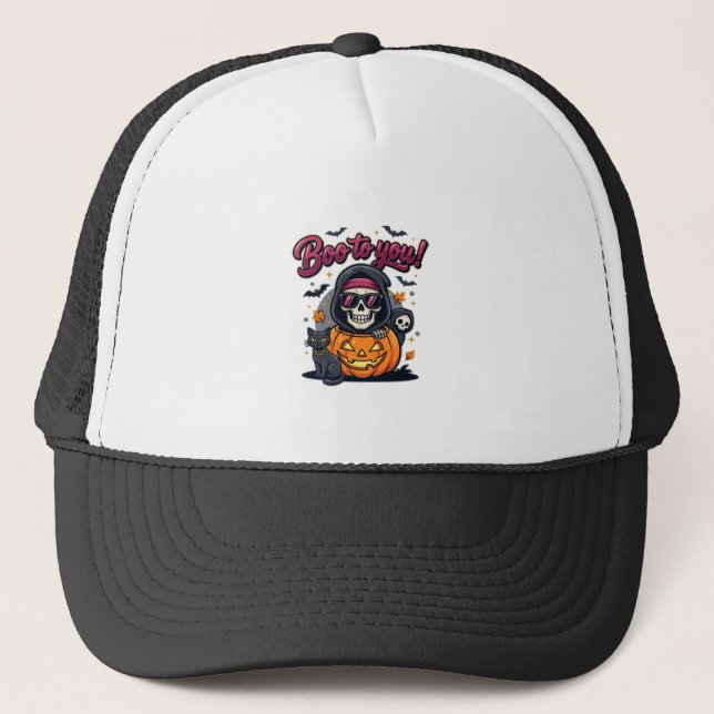 Boo to You Halloween Skeleton Pumpkin Trucker Hat (Front)