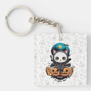 Boo to You Too   Cute Cat Bat Wings & Pumpkin Key Ring