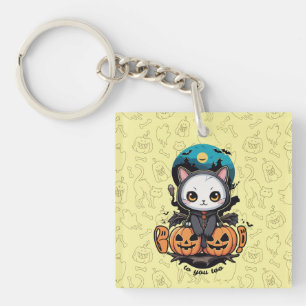 Boo to You Too Cute Cat Bat Wings & Pumpkin Key Ring