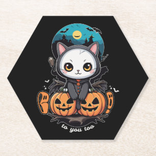 Boo to You Too Cute Cat Bat Wings & Pumpkin Paper Coaster