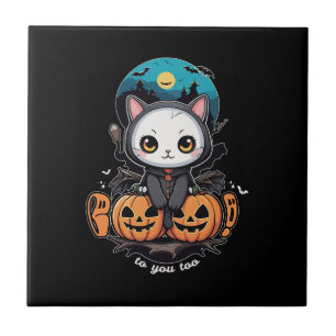 Boo to You Too Cute Cat Bat Wings & Pumpkin Tile