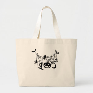 Boo Trick or Treat Halloween Bats, Pumpkins Large Tote Bag
