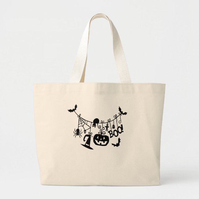 Boo Trick or Treat Halloween Bats, Pumpkins Large Tote Bag (Front)