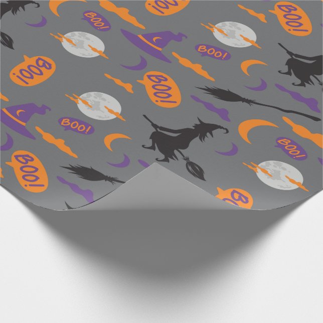 Boo! Witch, Broom, and Moon Halloween Gift Wrap (Corner)