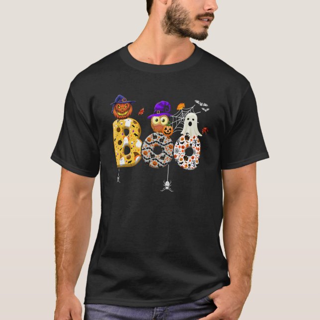 Boo With Spiders And Pumpkin Witch Hat Cute Ghost  T-Shirt (Front)