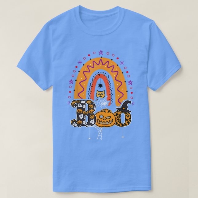 Boo With Spiders And Witch Hat Halloween Rainbow 2 T-Shirt (Design Front)