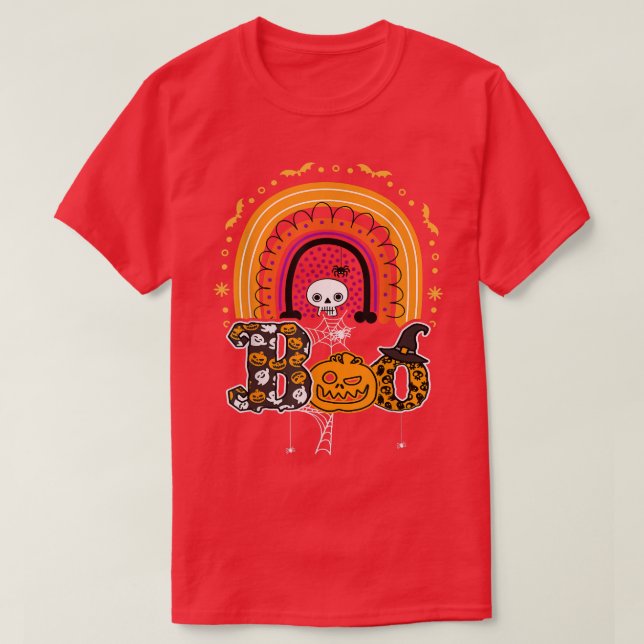 Boo With Spiders And Witch Hat Halloween Rainbow 2 T-Shirt (Design Front)