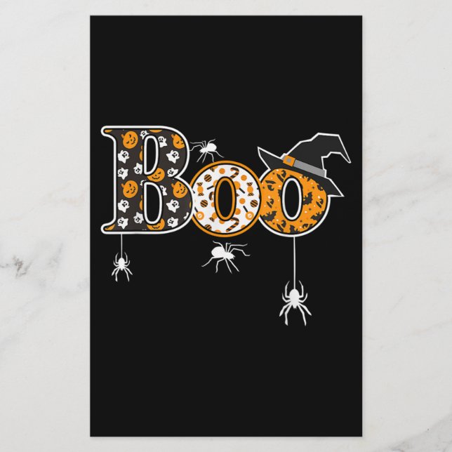 Boo With Spiders And Witch Hat Halloween Stationery (Front)