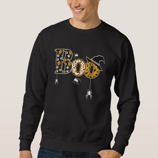 Boo With Spiders And Witch Hat Halloween Sweatshirt (Front)