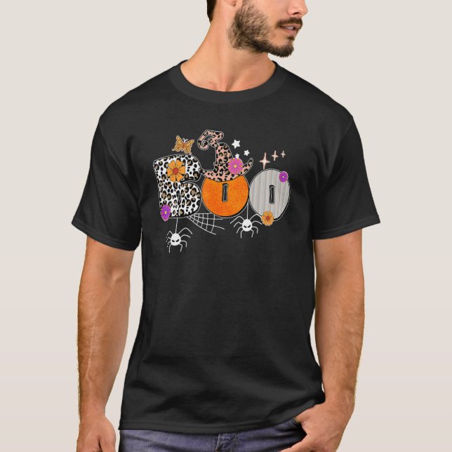 Boo With Spiders And Witch Hat Leopard Halloween C T-Shirt (Front)