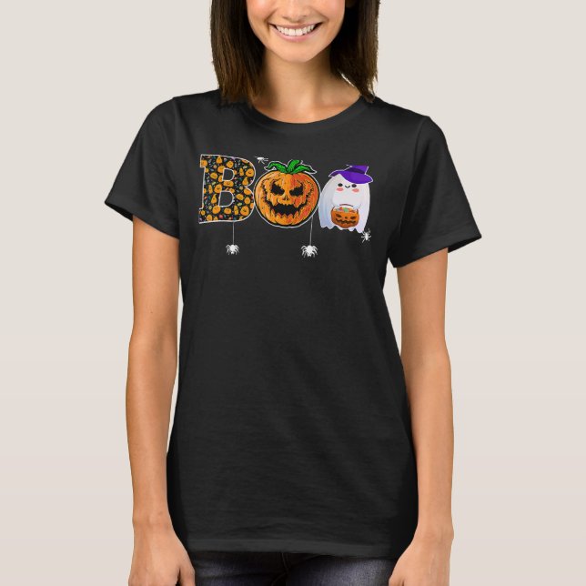 Boo With Spiders Ghost Pumpkin And Witch Hat Hallo T-Shirt (Front)