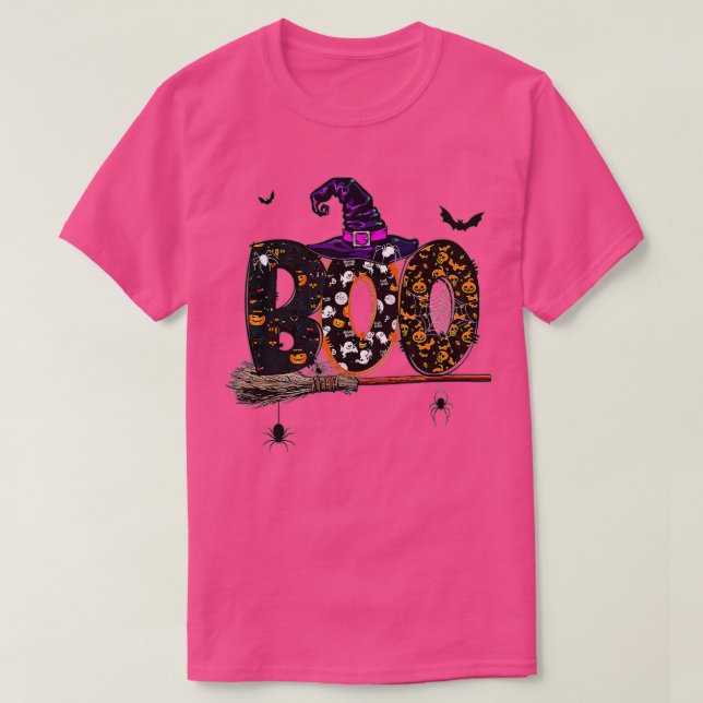 Boo With Witch Hat And Spiders Halloween Month  T-Shirt (Design Front)