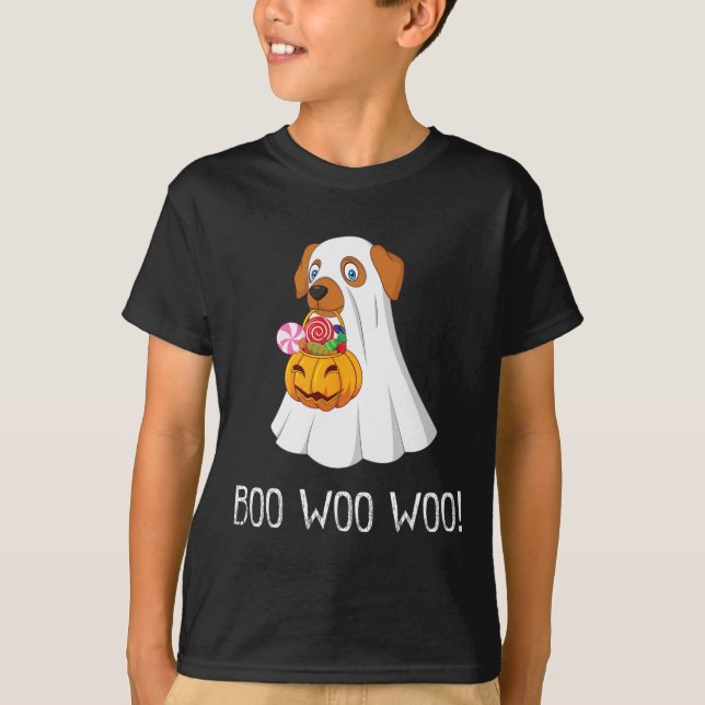 Boo Woo Woo Fun Cute Halloween Ghost Dog Women Tee (Front)