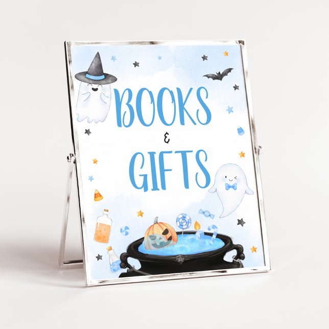 Boo-y Halloween Baby Shower Books and Gifts Poster (Blue Oh Sheet Baby Shower Books and Gifts Sign)