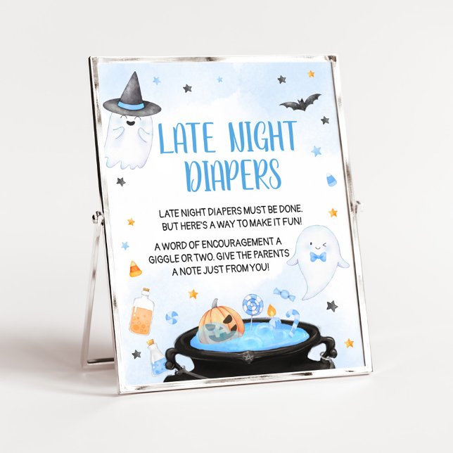 Boo-y Halloween Baby Shower  Late Night Diapers Poster (Blue Oh Sheet Baby Shower Late Night Diapers Sign)