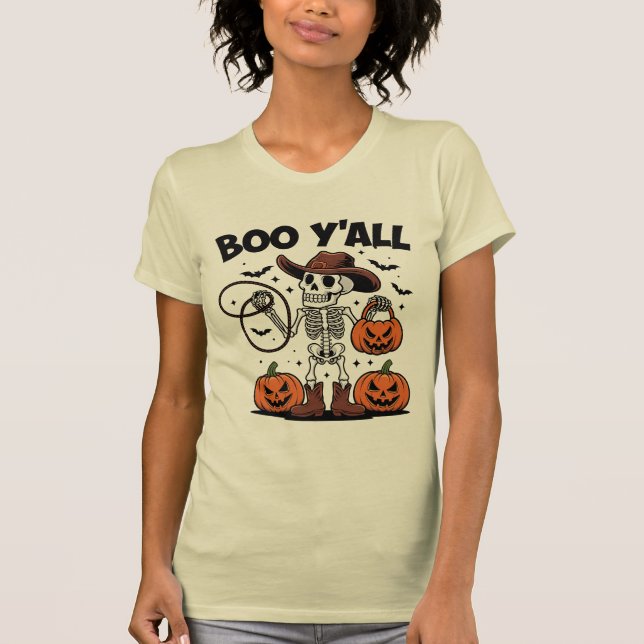 Boo Y'all Skeleton Cowboy Halloween T-Shirt (Front)