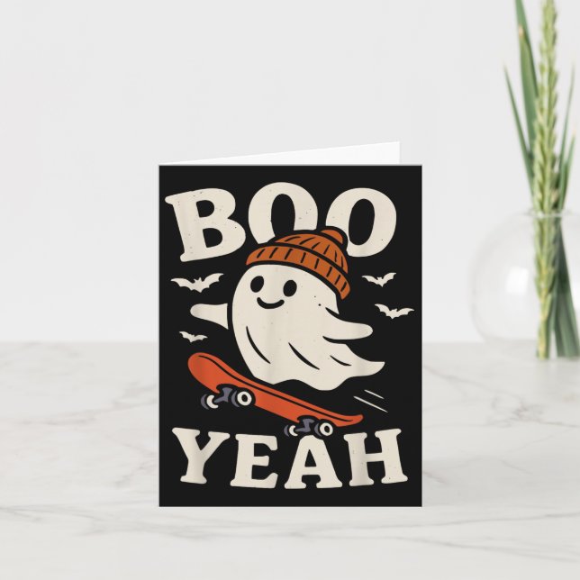 Boo Yeah Funny Ghost In Beanie Skateboard Hallowee Card (Front)