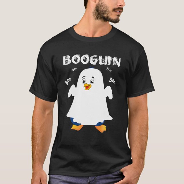 Booguin Halloween Penguin In Ghost Costume Funny T-Shirt (Front)