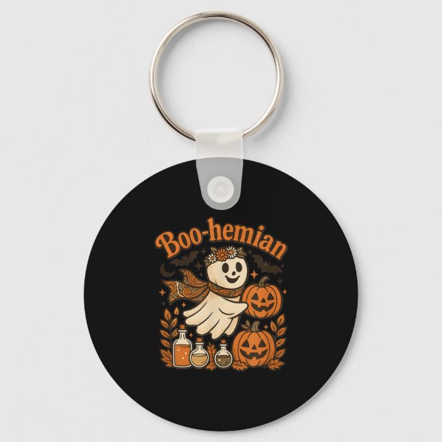 Boohemian Funny Retro Ghost Pumpkin Halloween Cost Key Ring (Front)