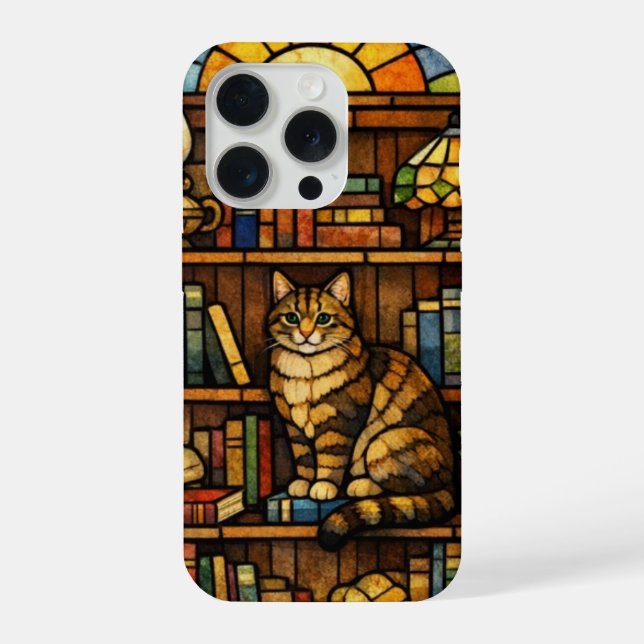 Book and Cat Lovers Faux Stain Glass iPhone Case (Back)