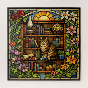 Book and Cat Lovers Faux Stain Glass Jigsaw Puzzle