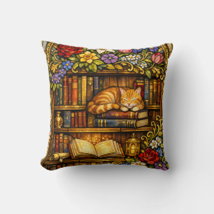 Book and Sleeping Cat Lovers Faux Stain Glass Cushion