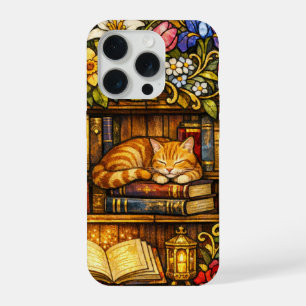 Book and Sleeping Cat Lovers Faux Stain Glass iPhone 15 Pro Case
