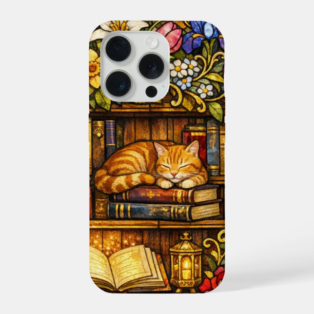 Book and Sleeping Cat Lovers Faux Stain Glass iPhone Case (Back)