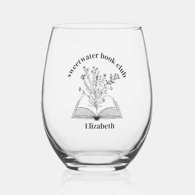 Book and Wildflowers Custom Name and Club Stemless Wine Glass (Front)