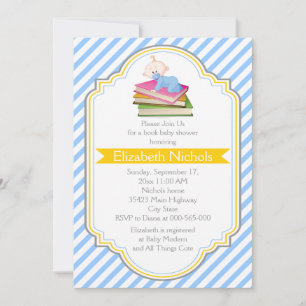 Book baby boy shower blue, white striped pattern invitation
