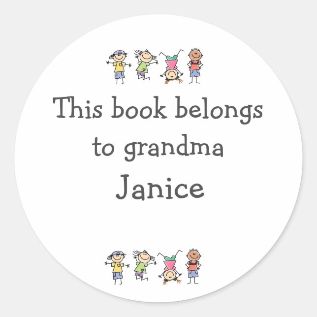 Book belongs to Grandma Custom Name Cute Cartoon Classic Round Sticker (Front)