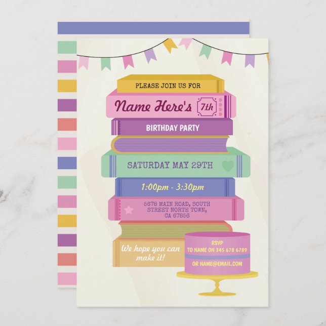 Book Birthday Library Invite Reading Pink Cake (Front/Back)