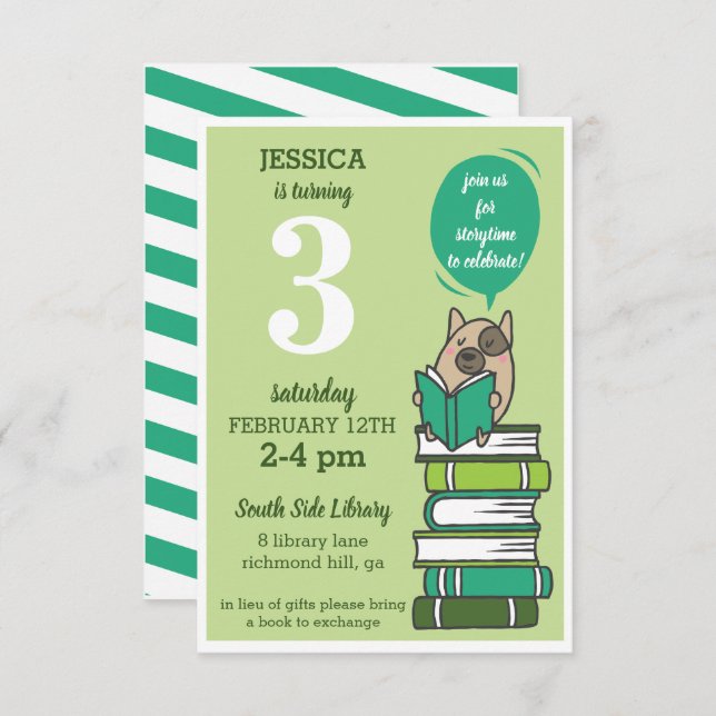 Book Birthday Party Library Green Invitation (Front/Back)