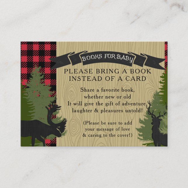 Book Boy Baby Shower Lumberjack Plaid Deer Moose Enclosure Card (Front)