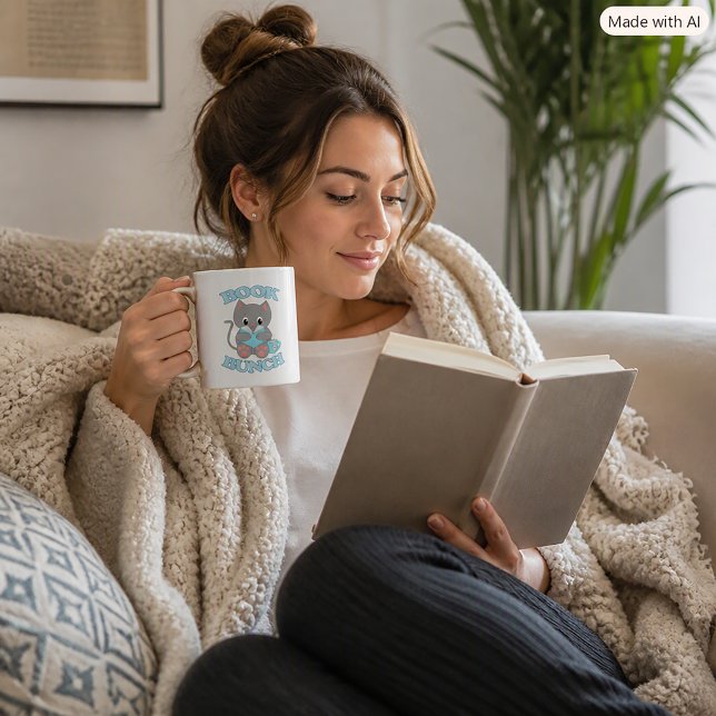 Book Bunch Cat Lover and Bookworm Coffee Mug (A mug with a cute cat reading a book and enjoying tea along with the words Book Bunch.)
