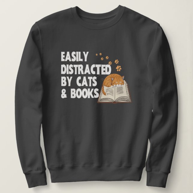 Book & Cat Lover Hoodie - Easily Distracted Gift (Design Front)