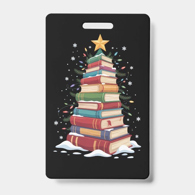 Book Christmas Tree Book Lover Teacher Librarian  ID Badge (Front)
